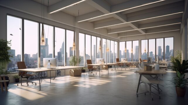 Loft-style hi-tech open space office with floor-to-ceiling windows and city view. Light-colored concrete walls and floors, large tables, comfortable chairs, desktop computers, plants in Generative AI