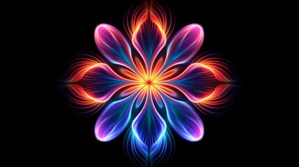 Multicolor neon light drawing, abstract shape flowers isolated on black background. Glowing line art. The Illumination of vibrant radiance of neon flower, Generative AI illustration