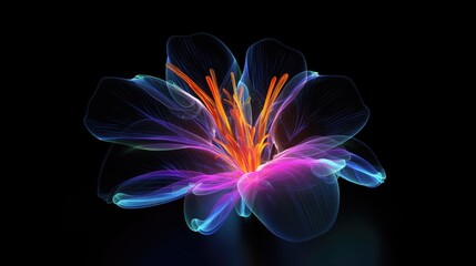 Obraz premium Multicolor neon light drawing, abstract shape flowers isolated on black background. Glowing line art. The Illumination of vibrant radiance of neon flower, Generative AI illustration