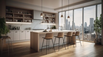 Fototapeta na wymiar Modern loft kitchen with breakfast bar in an urban luxury apartment. Wooden floors, white fasades, open shelves, wooden bar counter with bar stools, panoramic windows with city view. 3d Generative AI