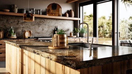 Fototapeta na wymiar Fragment of a modern kitchen in a luxury home. Quartz countertops, natural wood cabinets, open shelves, kitchen appliances, table decor, beautiful garden view from the window. Generative AI