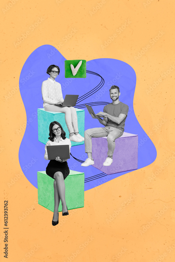 Poster Vertical design collage picture of three people coworkers together working remote with netbooks discord app isolated on yellow background