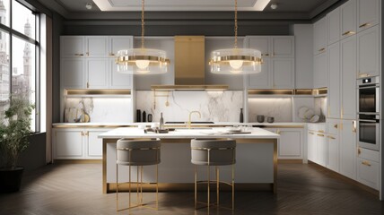 Fototapeta na wymiar Modern classic white kitchen with dining area in luxury apartment. Large kitchen island with marble top and comfortable chairs, luxurious chandelier, gilded details, large window with Generative AI