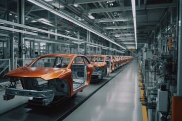 Obraz premium Robotic conveyor line for car assembly. Modern workshop with automated equipment. Mechanical assembly of car bodies. Automated production of cars at the factory, complete replacement for Generative AI