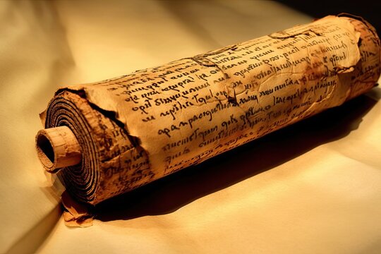 Ancient Scrolls on Papyrus. Vintage Parchment with Biblical Texts and Commandments. Archaeology and Old Document Concept: Generative AI