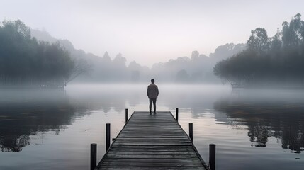 Pensive Man Standing Alone on Wooden Footbridge, Staring at Lake. Inspiring View of Misty Morning, Peaceful Atmosphere in Nature: Generative AI - obrazy, fototapety, plakaty