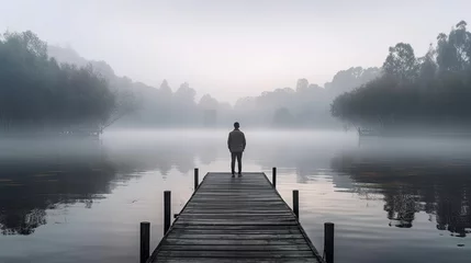 Fotobehang Pensive Man Standing Alone on Wooden Footbridge, Staring at Lake. Inspiring View of Misty Morning, Peaceful Atmosphere in Nature: Generative AI © AIGen
