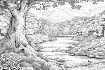Nature Coloring Page: Beautiful Landscape Illustration with Trees, River and Vignetting Artistic Outline for Relaxing Coloring Experience: Generative AI