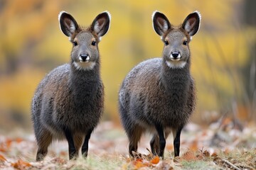 Rare Siberian Musk Deer Pair in Wild Nature Habitat with Fang-look Expressions, a Cervid Mammal Endangered by Poaching: Generative AI - obrazy, fototapety, plakaty