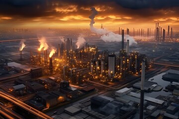 Rotterdam Industrial Area: A Smoky Scene of Energy Production and Factory Technology: Generative AI - obrazy, fototapety, plakaty