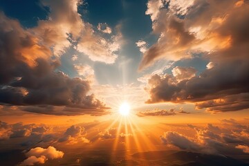 Sun Shining Through Clouds over a Beautiful Scenic Sunset Sky. Stunning Background with Rays of Sunbeam and Sunshine in Air: Generative AI