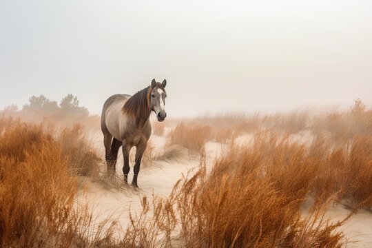 Spanish Mustang Running Wild on North Carolina Dunes in Autumn Mist: Generative AI