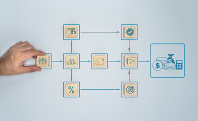 A wooden cube block that is being used to arrange processing management is in the man's hand....