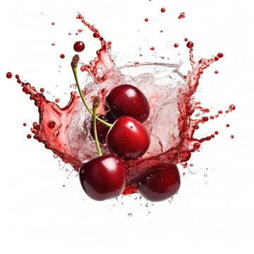 Fresh Cherry with vivid juice and water splashes isolated on white background, generative AI

