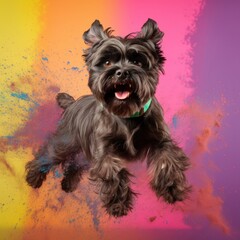 Naklejka premium A cheerful playful dog jumps up among the colors of Holi, Affenpinscher on a bright multi-colored background, generative ai