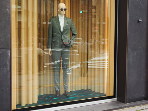TOKYO, JAPAN - June 7, 2023: Window display of a Brioni store in Tokyo's Ginza area. 
