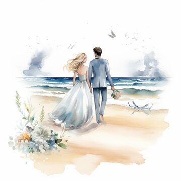 Watercolor Illustration Very Cute Wedding Couple Married With Flowers Colorful Isolated On Sea Beach In Full Length From Back On White Background Clip Art.