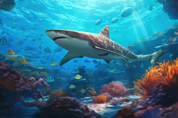 Fototapeta na wymiar Coral reef landscape and tiger shark. Illustration AI Generative.
