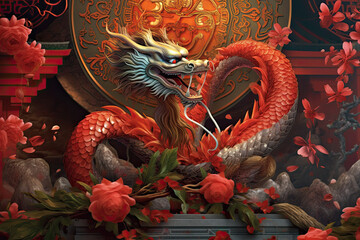 Obraz premium Chinese dragon new year background. Illustration AI Generative.
