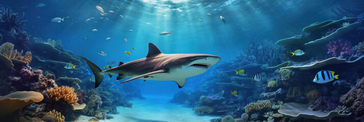 Fototapeta premium Coral reef landscape and tiger shark. Illustration AI Generative.