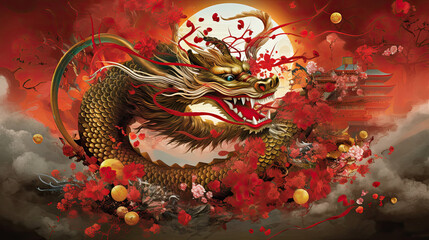 Chinese dragon new year background. Illustration AI Generative.