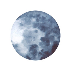 Watercolor, abstract planet, moon, circle, spot dark blue, indigo, gray with gradient, isolated on white background. Drawn by hand. For decoration, as a design element, a geometric figure.