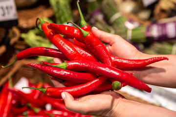 The woman holds red chilli in the store or in the market, close up.