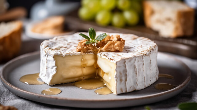 Generative AI image of a brie cheese in a still life image in a rustic kitchen 