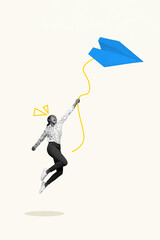 Vertical sketch image picture poster collage of funky carefree cheerful girl flying paper plane...