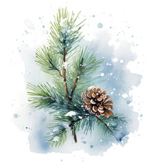 Fototapeta na wymiar Snowy winter watercolor christmas pine branch Illustration AI Generative.