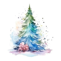 Watercolor Christmas tree isolated. Illustration AI Generative.