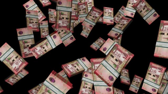 Saudi Arabia Rial 100 SAR banknote packs falling loop. Saudi Arabia money note fall. 3D seamless looped isolated abstract concept of economy, finance, crisis, success and banking.