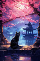 Neon, Cute black Cat sitting in Garden alone and butterflies in garden at night. AI generative