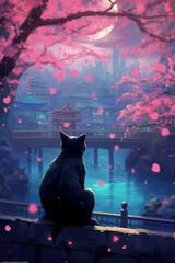 Neon, Cute black Cat sitting in Garden alone and butterflies in garden at night. AI generative