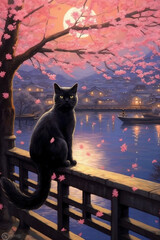 Neon, Cute black Cat sitting in Garden alone and butterflies in garden at night. AI generative