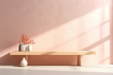 empty brown wooden table product display montage with soft pastel wall window shadow background, generative ai