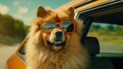 Scenic Road Trip Views: Chow Chow Dog in Shades Enjoying Summer Adventures - Generative AI