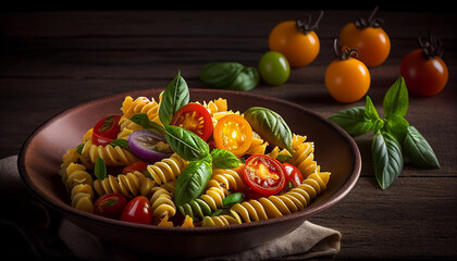 Salad of fusilli pasta with vibrant tomatoes and basil, Generative AI