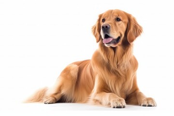 Adult dog golden retriever lies isolated on white background. Generative AI