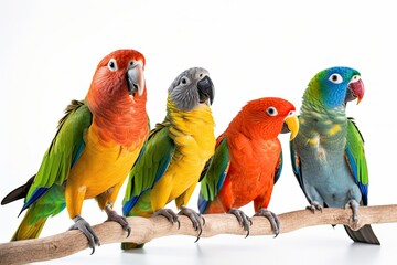 Fototapeta na wymiar Colorful tropical Conure parrots sit on a branch isolated on white background. Generative AI