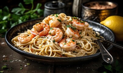 a plate of pasta with shrimp and parmesan cheese.  generative ai