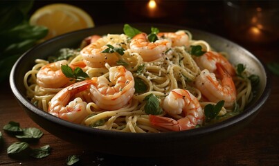  a bowl of pasta with shrimp and basil on a table.  generative ai