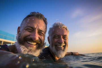 Happy gay couple swimming in the sea in Tel Aviv, Israel.