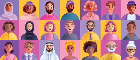 3D people diverse avatar, inclusion vector multicultural group, cartoon happy equal community. Man woman character, representation business team, professional teamwork communication. People avatar - obrazy, fototapety, plakaty