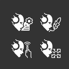 Artificial intelligence capabilities white linear glyph icons set for night mode. Negative space silhouette symbols on dark theme background. Solid pictograms. Vector isolated illustrations