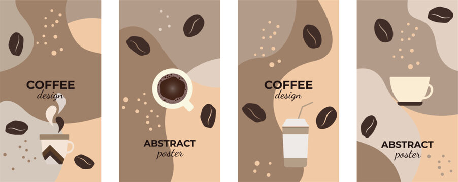 A set of posters in coffee tones, on the theme of coffee. Vector template for poster, banner, background, flyer. Design elements.
