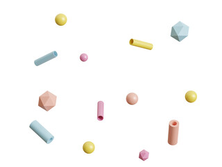 Flying geometric shapes in motion with golden round frame. Dynamic set of realistic spheres