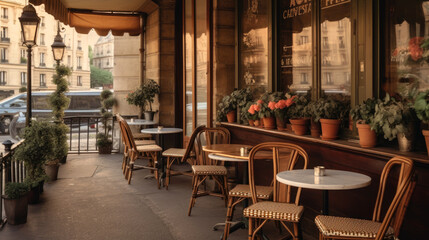 Charming parisian sidewalk cafe,outdoor tables, Paris, France. Generative AI - obrazy, fototapety, plakaty