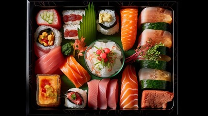 Fototapeta na wymiar A Sushi Delivery Box Packed with Exquisite Rolls