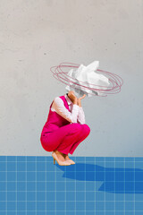 Vertical collage image of stressed classy girl crumpled paper instead head disorder isolated on...